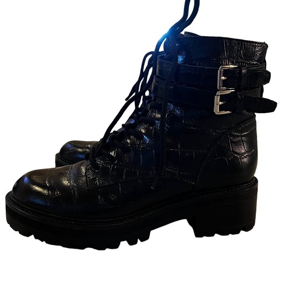 Marc Fisher LTD MLBARREN 2 Black Embossed Leather Combat Boots Size 7.5 M - Picture 1 of 12